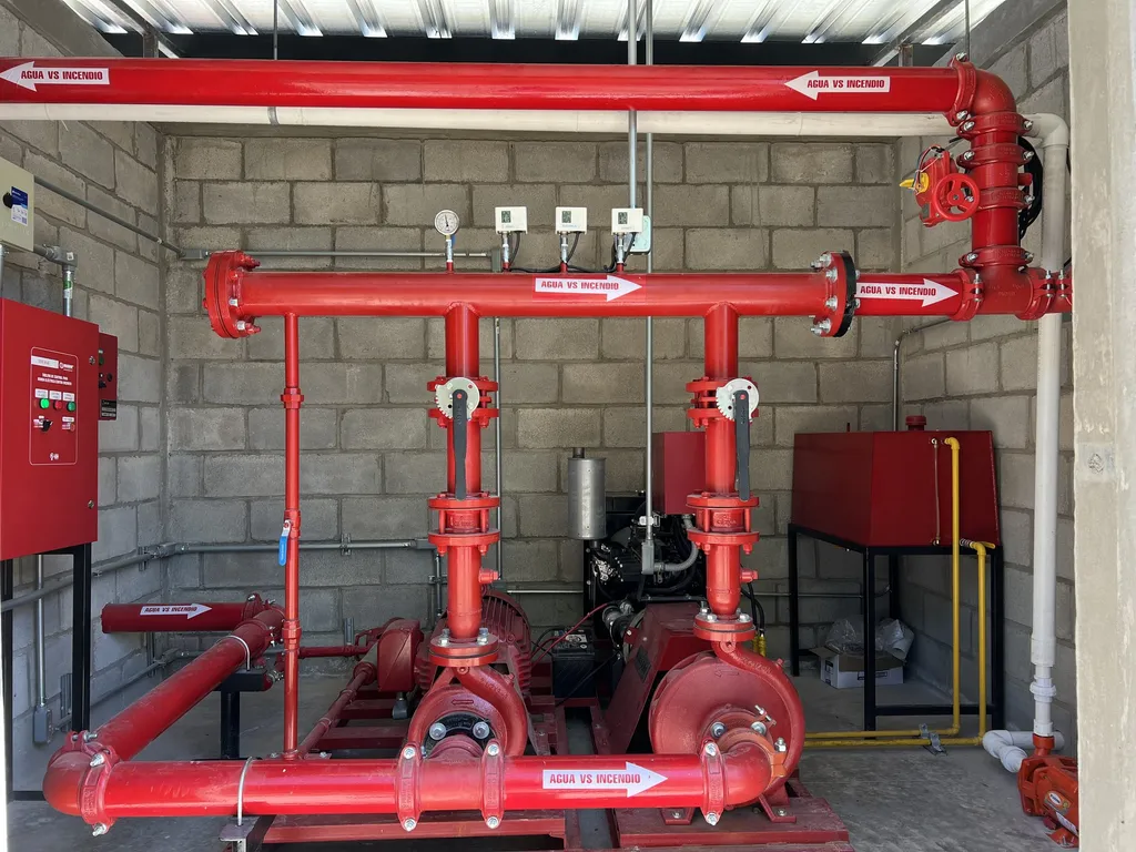 Fire pump room with pumping equipment, a control panel, and red piping labeled “Agua vs incendio” (water vs. fire).